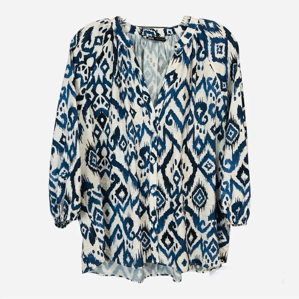Zara Ikat print blouse V neck button front balloon sleeves size S